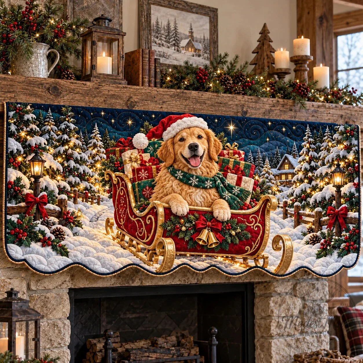 Golden Retriever Dog Christmas Sleigh Quilted Mantel Scarf Holiday Decor