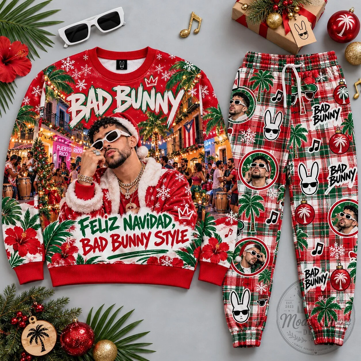 Bad Bunny Feliz Navidad Style Christmas Holiday Sweatshirt and Pants Set