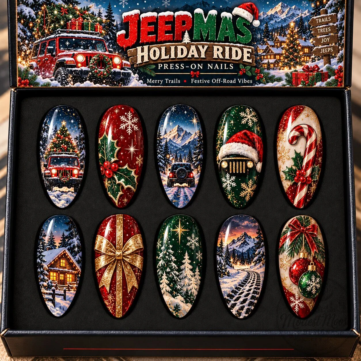 Jeepmas Holiday Ride Festive Vehicles Christmas Press-On Nails Set