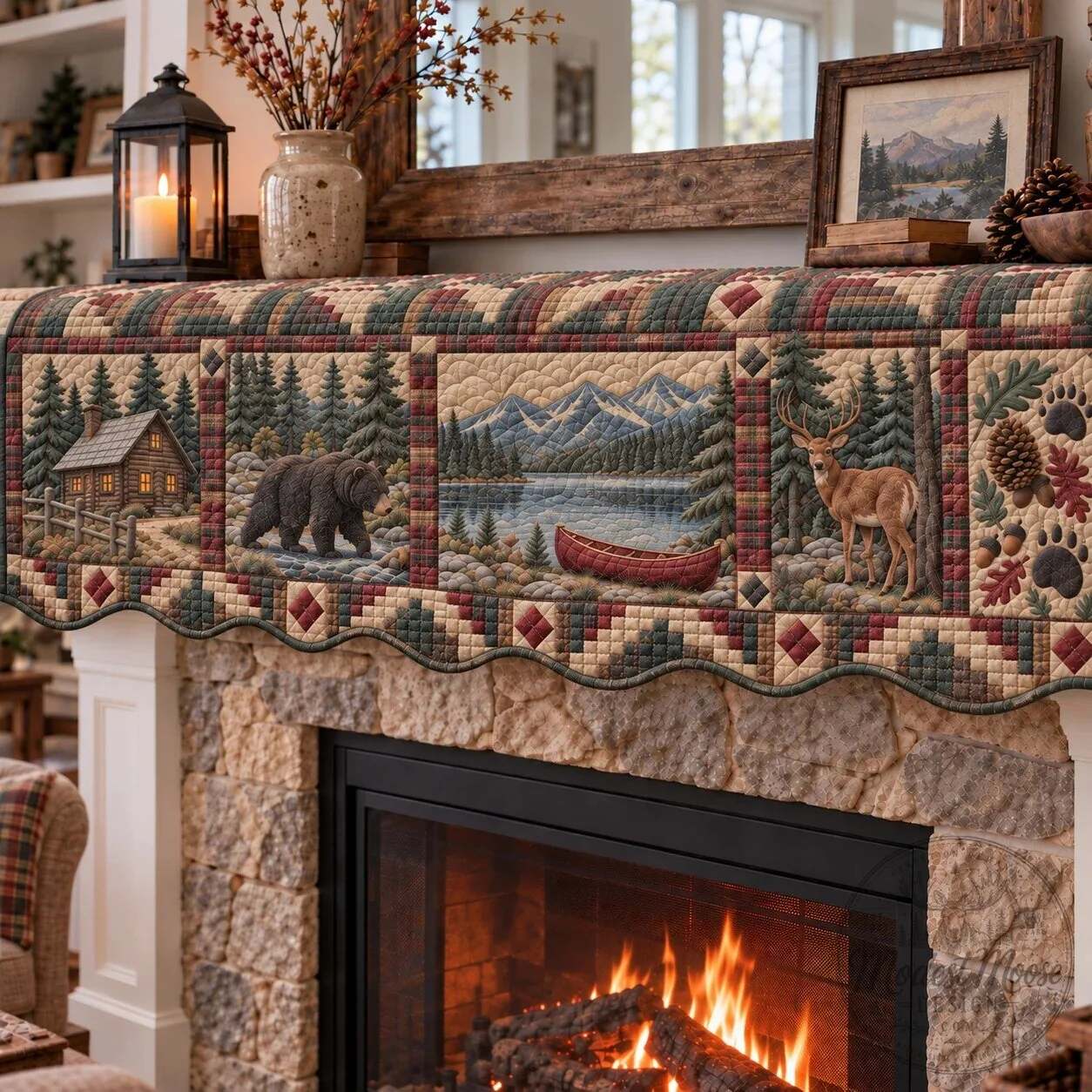 Rustic Woodland Wilderness Quilted Mantel Scarf with Bear and Deer Design