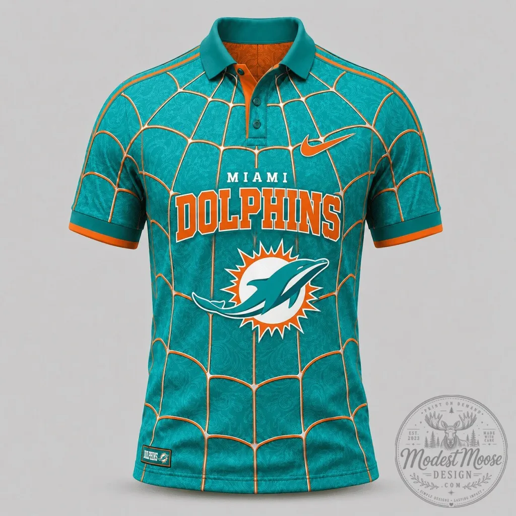 Miami Dolphins Spiderweb Pattern Premium Polo Shirt Miami Dolphins Spiderweb Pattern Premium Polo Shirt
