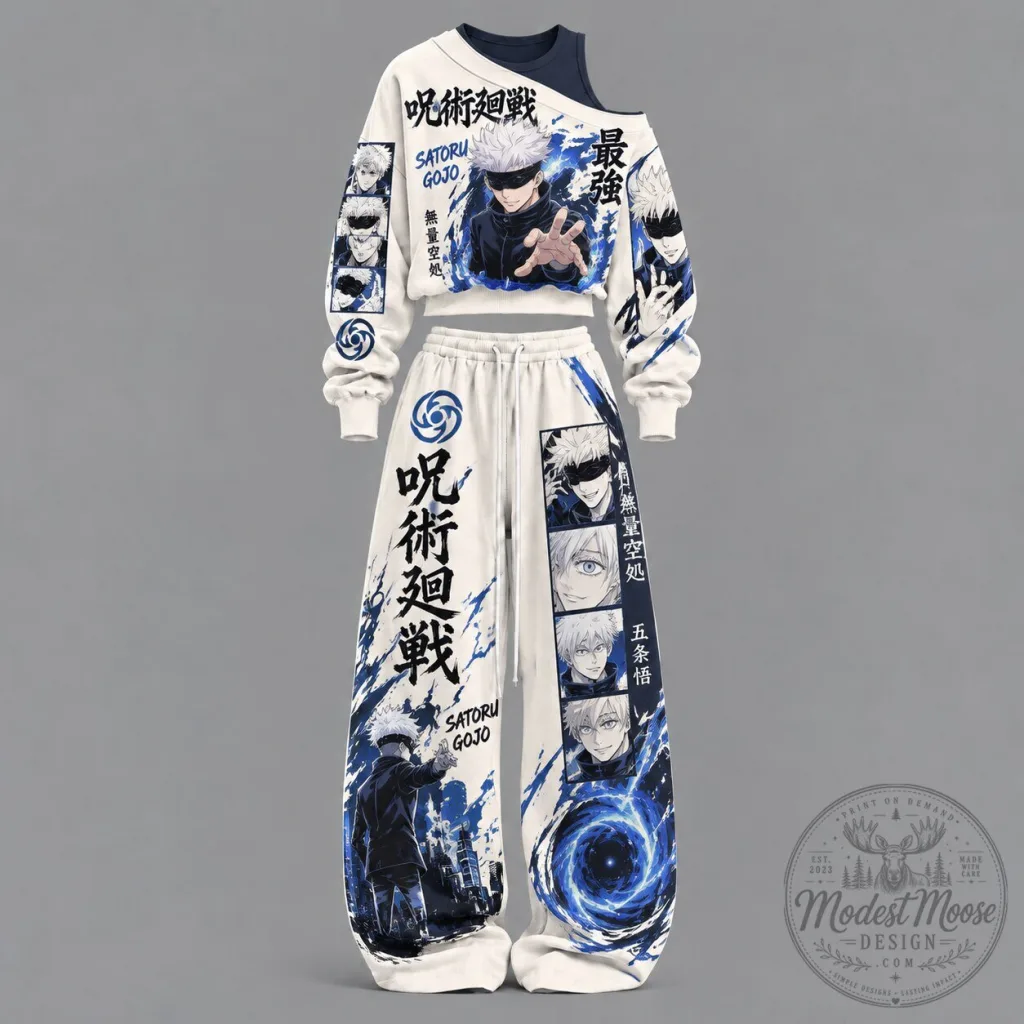 Jujutsu Kaisen Satoru Gojo Anime Character Art Two Piece Sweatshirt and Pants Set Jujutsu Kaisen Satoru Gojo Anime Character Art Two Piece Sweatshirt and Pants Set