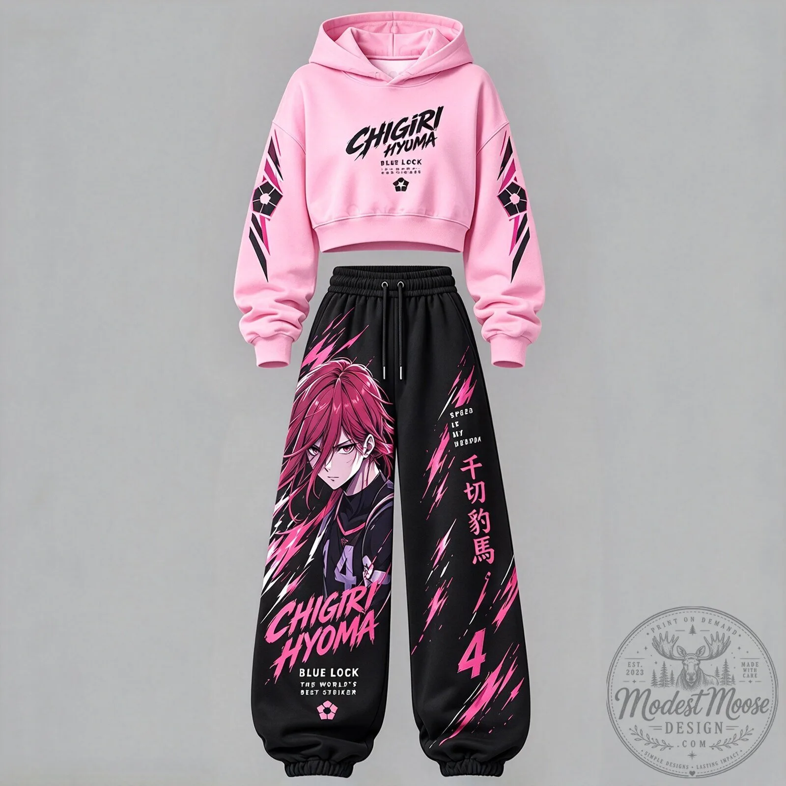 Blue Lock Chigiri Hyoma Anime Character Pink Cropped Hoodie and Black Sweatpants Set