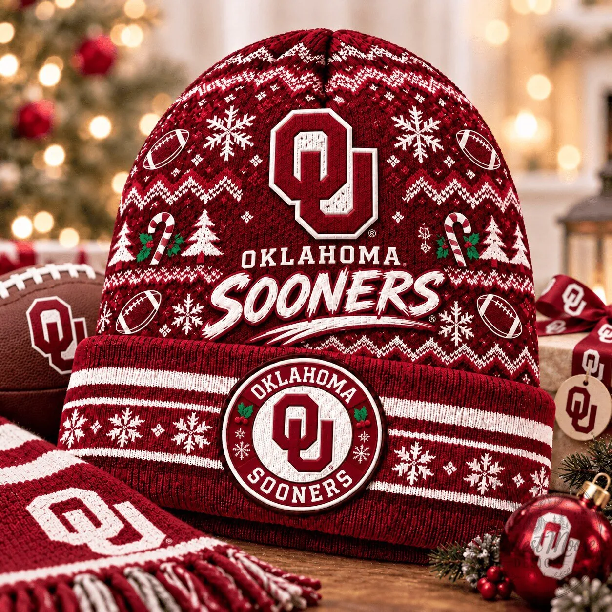 Oklahoma Sooners Christmas Ugly Sweater Style Beanie Hat