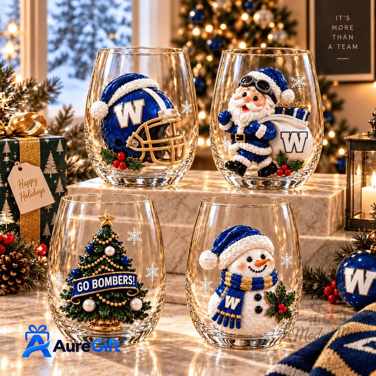 Winnipeg Blue Bombers CFL Christmas Stemless Wine Glass Set 1 Winnipeg Blue Bombers CFL Christmas Stemless Wine Glass Set