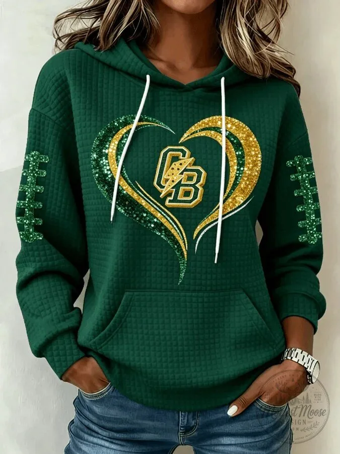 Green Bay Packers Glitter Heart Design Women's Quilted Hoodie