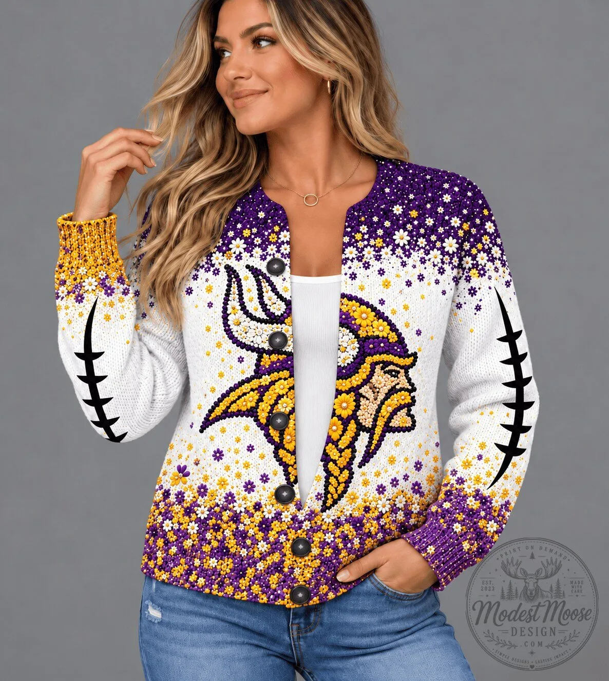 Minnesota Vikings Floral Pattern Football Team Fan Cardigan Sweater for Women