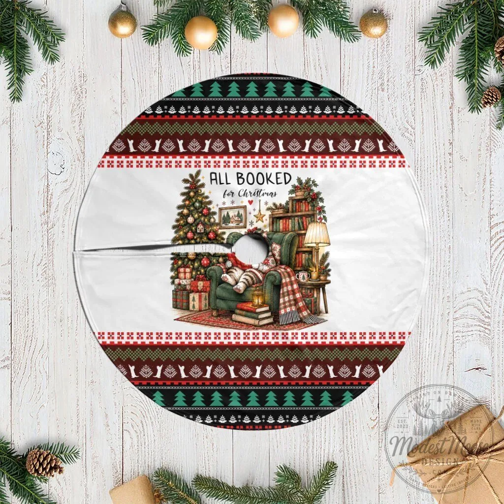 All Booked For Christmas Bookish Cat Cozy Reader Fair Isle Knit Ugly Christmas Tree Skirt