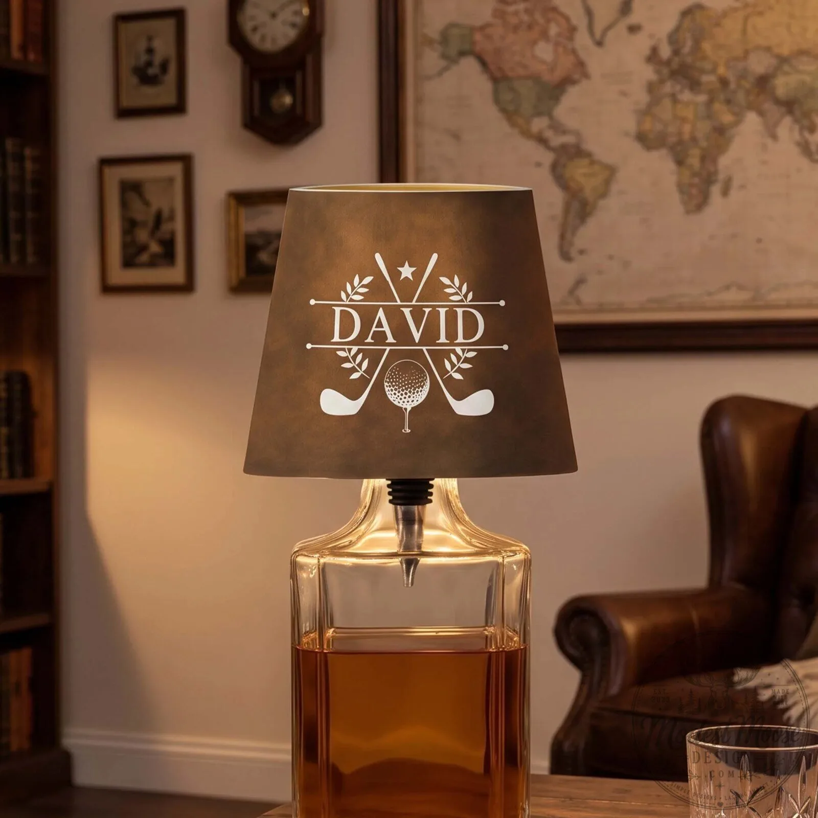 Personalized Golf Theme Decanter Lamp, Custom Engraved Whiskey Bottle Desk Light