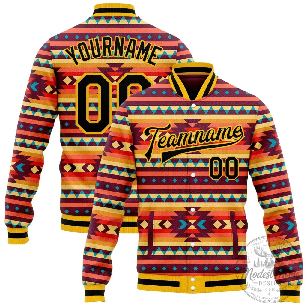 Full-Snap Varsity Jacket with Southwestern Geometric Aztec Design Full-Snap Varsity Jacket with Southwestern Geometric Aztec Design