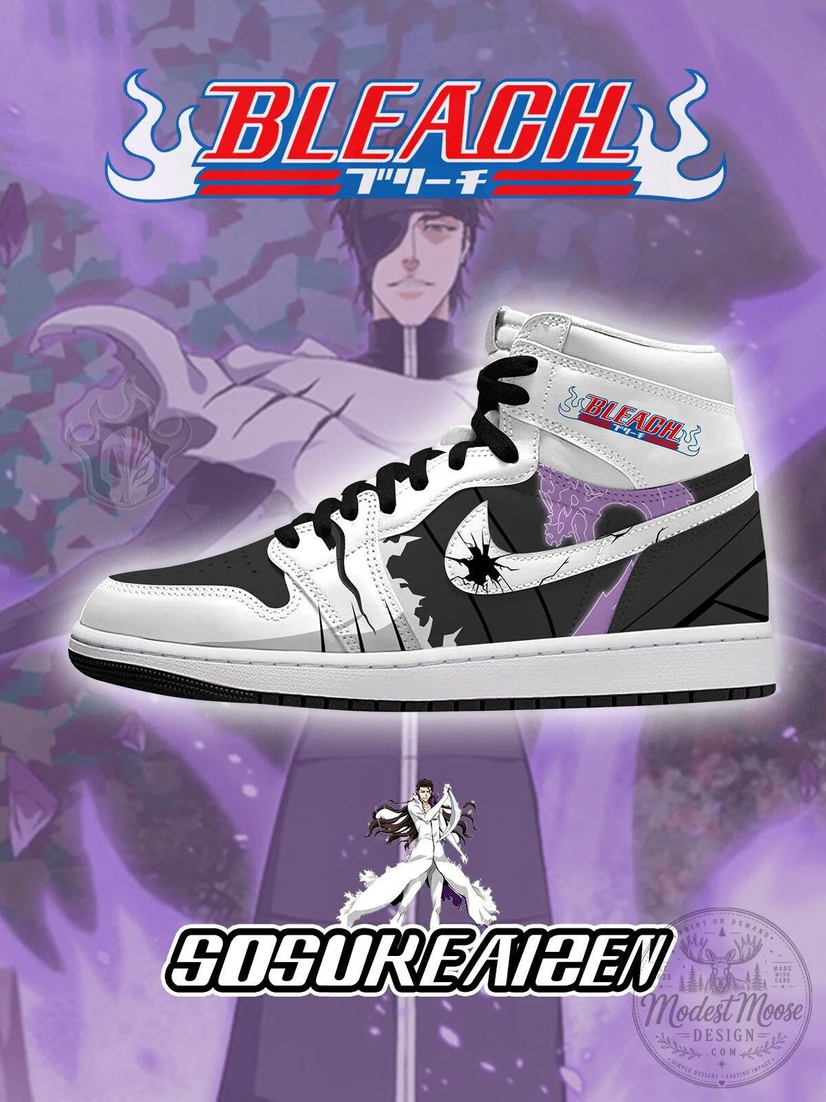 Bleach Sosuke Aizen Anime Manga White and Black High-Top Sneakers 3 Bleach Sosuke Aizen Anime Manga White and Black High-Top Sneakers